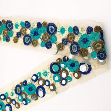 Gold Sheer Tissue Fabric Trim With Blue And Off White Circles and Floral Embroidery With Mirror Embellishments, Indian Mirrored Trim